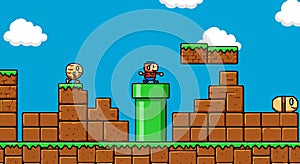 Retro-style video game scene featuring a character standing on a green pipe photo