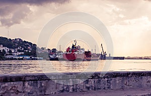 Retro Style - View of the harbor with ship of Havana City Cuba - Serie Cuba Reportage