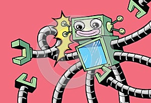 Retro style vintage happy robot with robotic arms