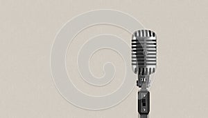 Retro style vintage microphone against white textured wall background