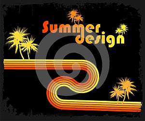 Retro style wave with palms