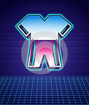 Retro style Wetsuit for scuba diving icon isolated futuristic landscape background. Diving underwater equipment. 80s