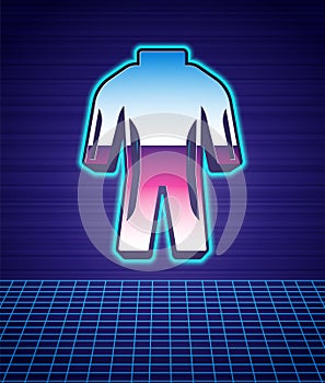 Retro style Wetsuit for scuba diving icon isolated futuristic landscape background. Diving underwater equipment. 80s