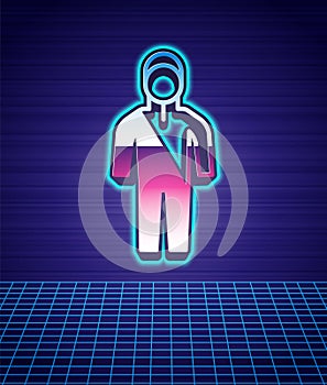 Retro style Wetsuit for scuba diving icon isolated futuristic landscape background. Diving underwater equipment. 80s