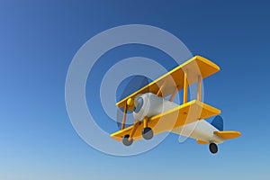 Vintage wooden toy airplane flying on blue gradient sky