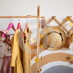 Retro style wooden hanger, straw hat