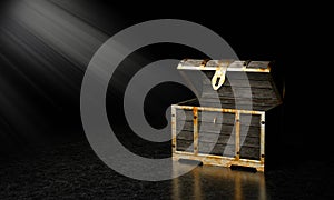 Retro style wooden and the metal treasure chest. Empty treasure chest open. Marble texture and God rays.3D Rendering