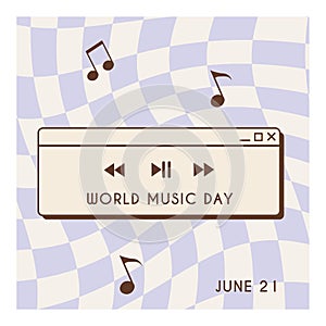 Retro style World Music Day square card, banner design. Vintage music devices, vinyl record disc and cassette tape