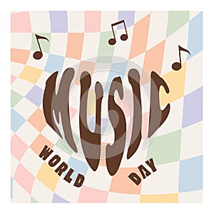 Retro style World Music Day square card, banner design. Vintage music devices, vinyl record disc and cassette tape