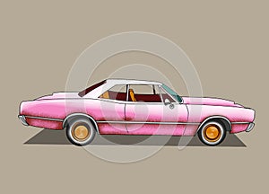 Retro styled artwork, antique 60s car in pik color looks unique and beautiful.