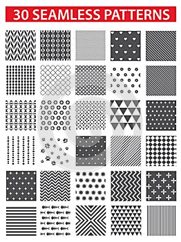 30 retro styled black vector seamless patterns: abstract, vintage, technology and geometric.