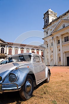 Retro-styled car near church of St. Cajetan