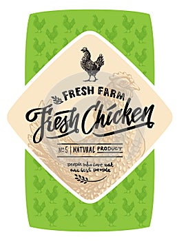 Retro styled design template and calligraphical text with engraving chicken art.