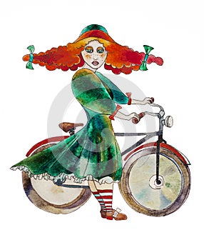 Retro styled girl with a bycycle watercolor painting