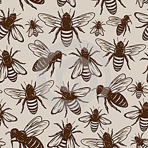 Retro styled honey bee seamless pattern or background