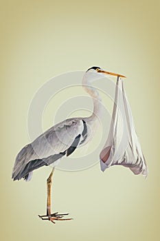 Retro styled image of a stork holding a newborn baby in a blanket