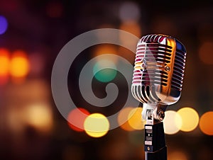 Retro styled image of vintage microphone on a bokeh lights background