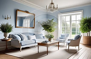 retro styled living room, very airy and spacious, in white and blue shades, big windows, fresh plants