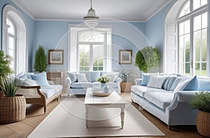 retro styled living room, very airy and spacious, in white and blue shades, big windows, fresh plants