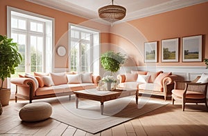 retro styled living room, very airy and spacious, in white and pink/peach shades, big windows, fresh plants
