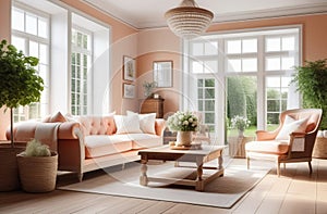 retro styled living room, very airy and spacious, in white and pink/peach shades, big windows, fresh plants