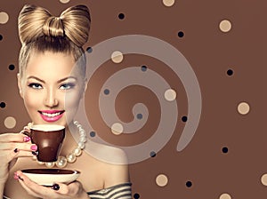 Retro styled model girl drinking coffee