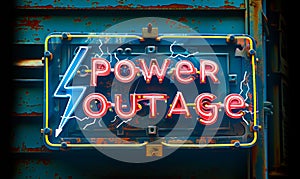 Retro-styled neon warning sign displaying Power Outage with a lightning bolt, symbolizing electricity failure in a digital glitch