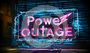 Retro-styled neon warning sign displaying Power Outage with a lightning bolt, symbolizing electricity failure in a digital glitch