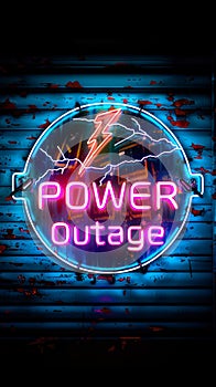 Retro-styled neon warning sign displaying Power Outage with a lightning bolt, symbolizing electricity failure in a digital glitch