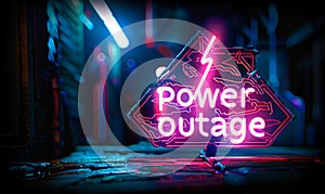 Retro-styled neon warning sign displaying Power Outage with a lightning bolt, symbolizing electricity failure in a digital glitch