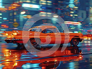 Retro-Styled Pixelation of a Classic Car in Motion The vehicles form blurs into pixels