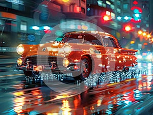 Retro-Styled Pixelation of a Classic Car in Motion The vehicles form blurs into pixels