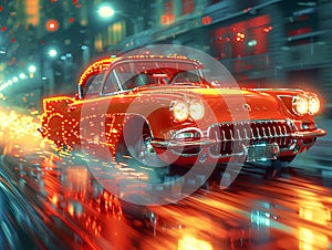 Retro-Styled Pixelation of a Classic Car in Motion The vehicles form blurs into pixels