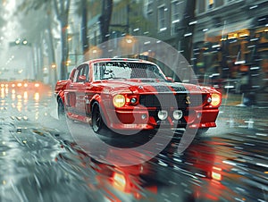 Retro-Styled Pixelation of a Classic Car in Motion The vehicles form blurs into pixels