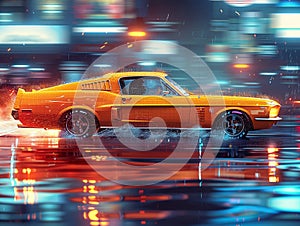 Retro-Styled Pixelation of a Classic Car in Motion The vehicles form blurs into pixels