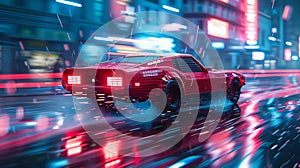 Retro-Styled Pixelation of a Classic Car in Motion The vehicles form blurs into pixels