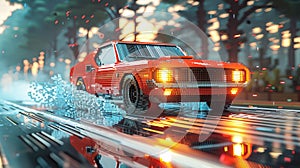 Retro-Styled Pixelation of a Classic Car in Motion The vehicles form blurs into pixels