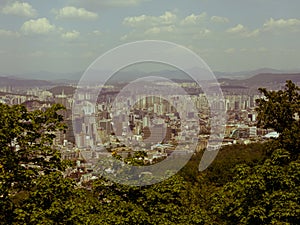 Retro styled view of Seoul from the Namsan Mountain, South Korea