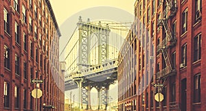 Retro stylized Manhattan Bridge seen from Dumbo, New York