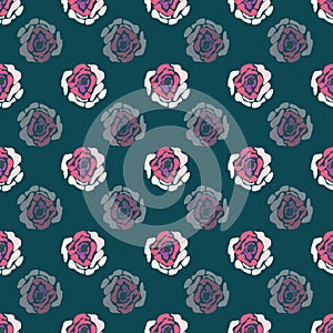 Retro stylized roses on green background seamless pattern.