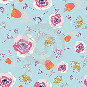 Retro stylized roses tulips and branches on blue checkered background seamless pattern.