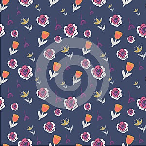 Retro stylized roses tulips and branches on slate background seamless pattern.
