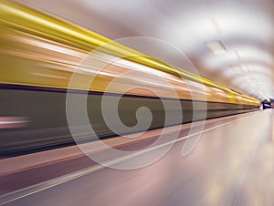 Retro subway train of A series departs from the platform