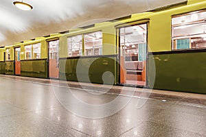 Retro subway train of A series stands by the platform. Trains of A series were made from 1934 yy