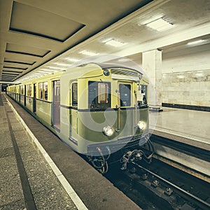 Retro subway train of A series stands by the platform. Trains of A series were made from 1934 yy. Moscow.