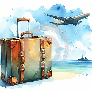 Retro suitcase against the background of a flying plane, sea and ship. Travel, vacation, business trip concept.
