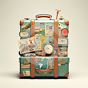 Retro suitcases covered with travel labels time synthesis stick figur Generative AI