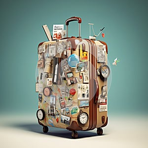 Retro suitcases covered with travel labels time synthesis stick figur Generative AI