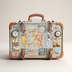 Retro suitcases covered with travel labels time synthesis stick figur Generative AI