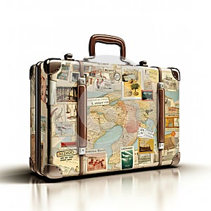 Retro suitcases covered with travel labels time synthesis stick figur Generative AI